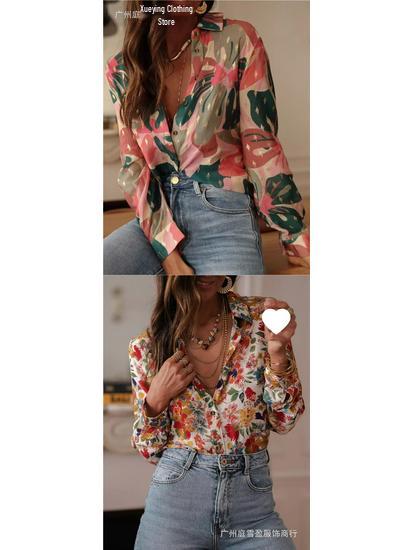 European Summer Casual Women's Long Sleeve Printed Lapel Shirt