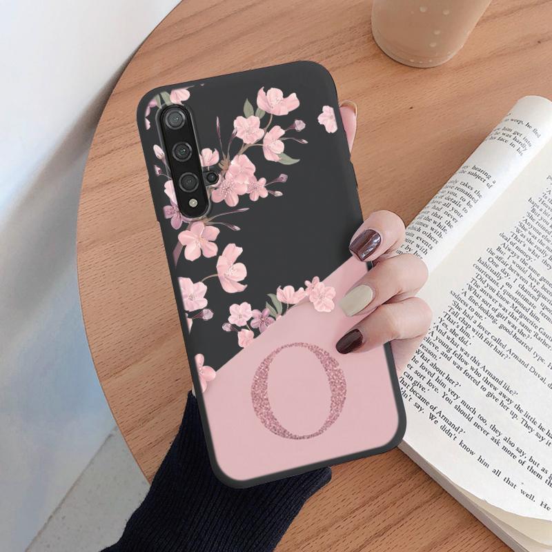 Initial Letter Silicone Case For Huawei Nova 5T Shell Retro Pink Flower Soft TPU Back Cover For Huawei Nova5T Capa Cute Coque