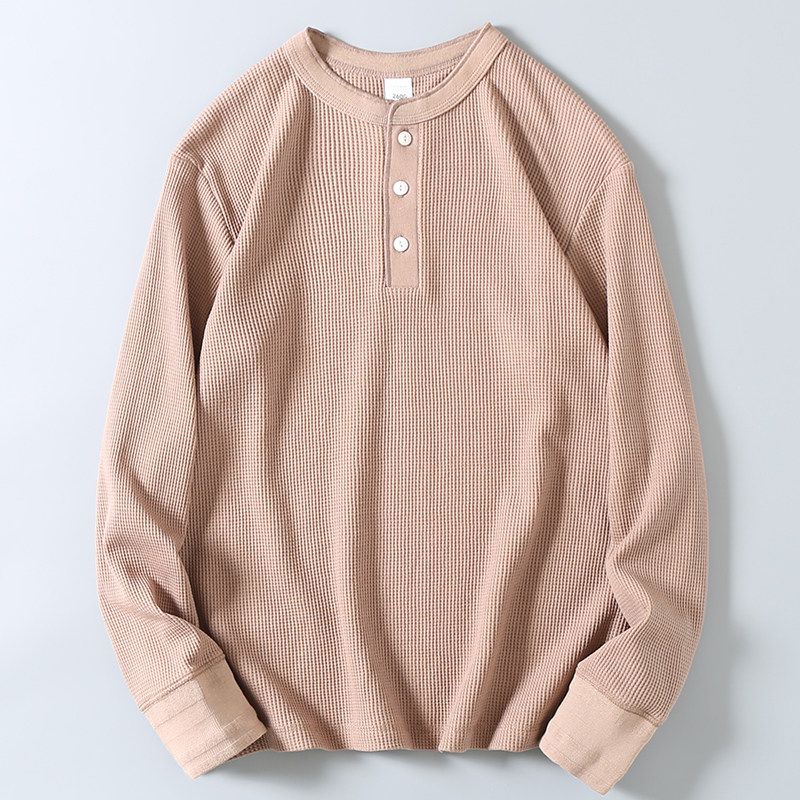 260G Heavy Weight Double-Sided Waffle Henry Collar Long Sleeves T-shirt Men's Fall and Winter Vintage Casual All-Matching Solid Color Bottoming Shirt