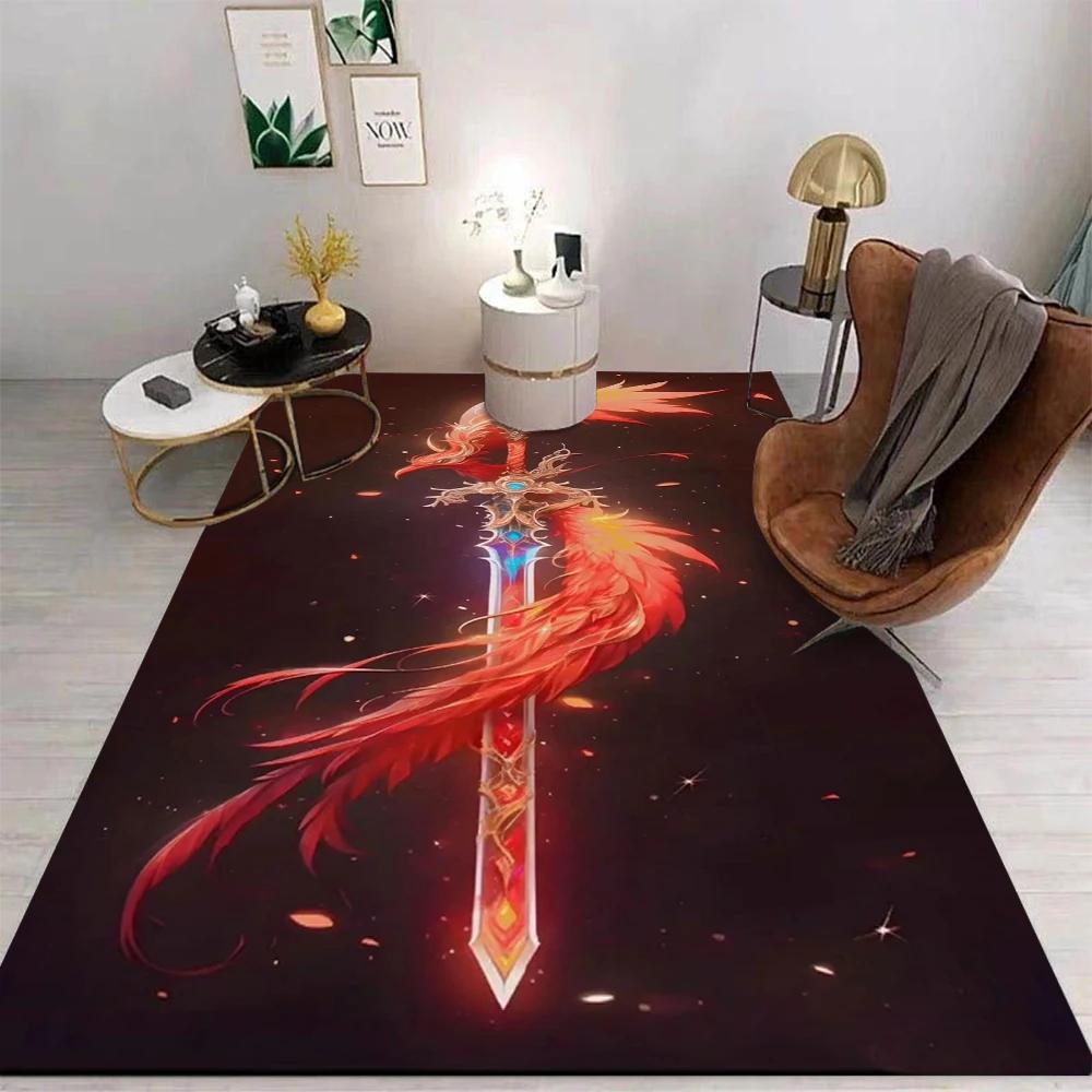 Fantasy Sword Dragon Phoenix Carpet With Glowing Sword Dragon Phoenix Flame Energy Designs Non Slip Rug For Living Room Decor