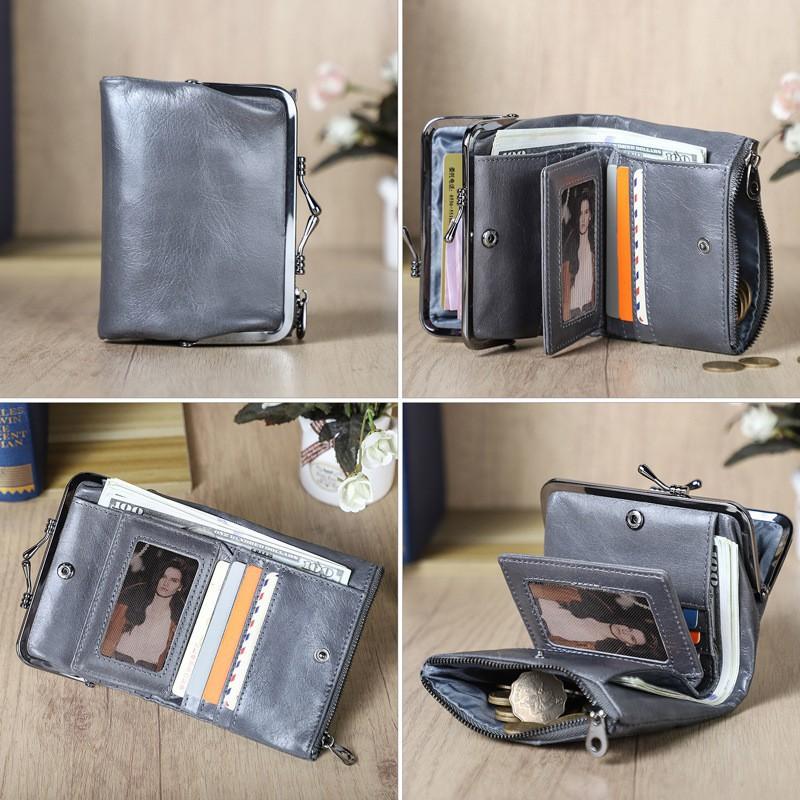 Head Layer Cowhide RFID Anti Magnetic Women's Wallet Casual Iron Hinge Multifunctional Short Leather
