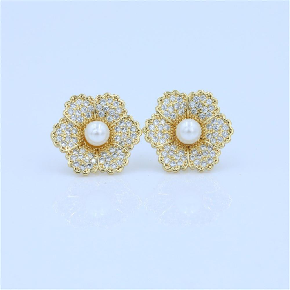 Cute Female Gold Color Small White Round Pearl Zircon Stone Stud Earrings Lovely Bridal Wedding  For Women
