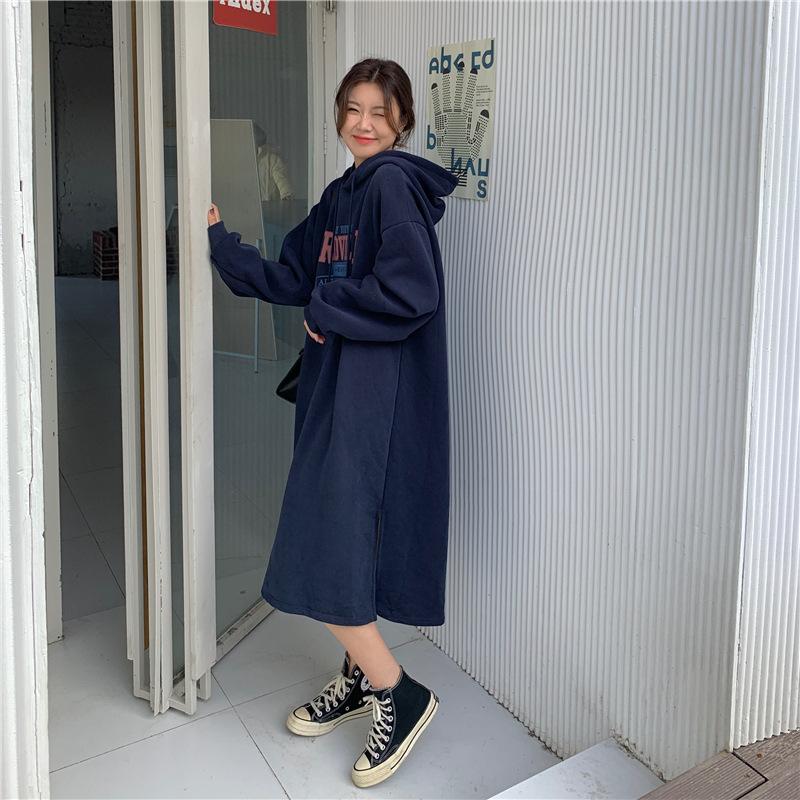 Harajuku Wind Mid-length Sweater Female Ins Striped Long-sleeved Dresses Winter Loose Over The Knee Padded Fashion Retro Versatile Sweatshirt