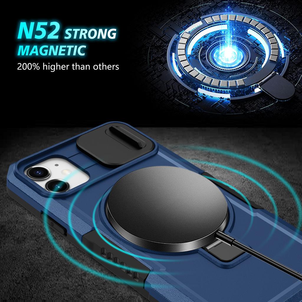 For iPhone 11 Case Invisible Magnetic Kickstand PC+TPU Phone Shell Built-in Sliding Lens Cover
