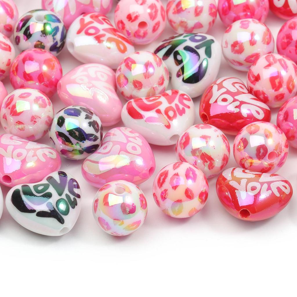 10 pz/borsa 15mm Colore Misto Placcato Stampato Acrilico Rotondo Perline Cuore Bulk Branelli Allentati Del Distanziatore Per La Produzione di Gioielli