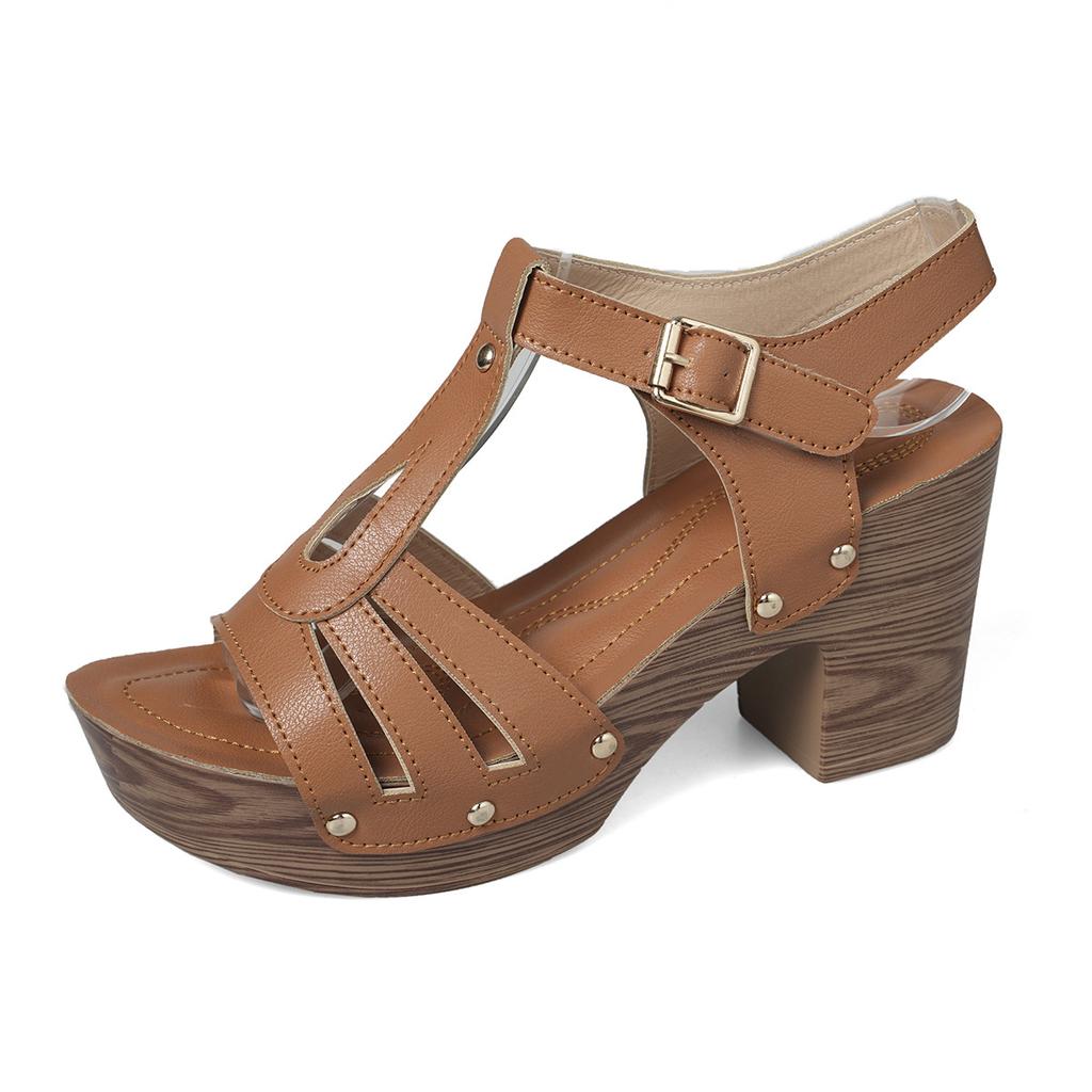 22 spring and summer European and American hollow buckle large size thick heel sandals new breathable hole sandals