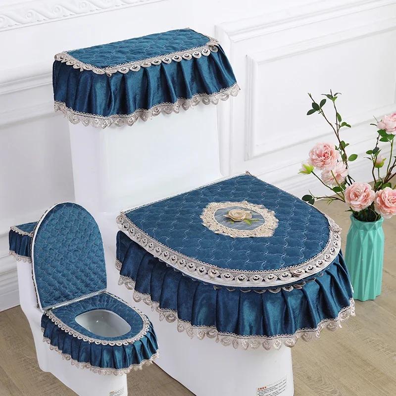 3PCS Velvet Skirt Style Toilet Mat Embroidered Lace Decorated Toilet Seat Mat Printed Dust Cover of Toilet Closestool
