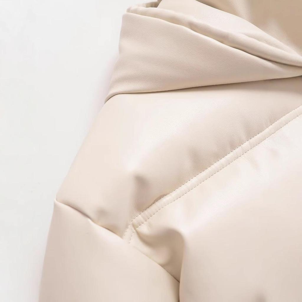 2024 Winter Damen Kunstleder Kapuzenjacke Baumwollgepolsterter Mantel