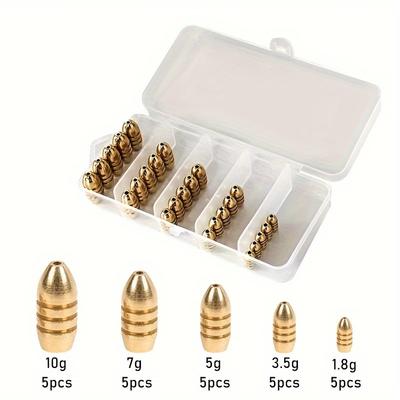 1set/25pcs Bullet Copper Set, Texas Fishing Set Accessory Combination Lua Accessories Pure Copper Counterweight, 5 Sizes Fishing Gear Supplies