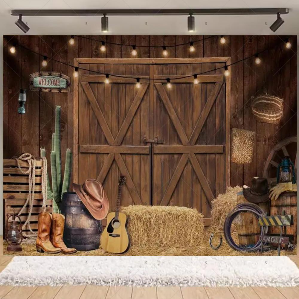 Western Cowboy Photography Backdrop Rustic Farm Barn Haystack Wood House Horse Wheel Background Party Decor Photo Shoot Props