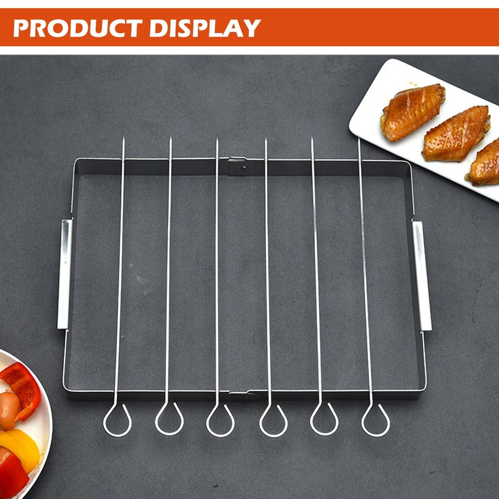 BBQ Skewer Rack Stainless Steel BBQ Metal Skewers Foldable Rotating Rotisserie Grill Rack with 6 Skewers for Shish Kebab