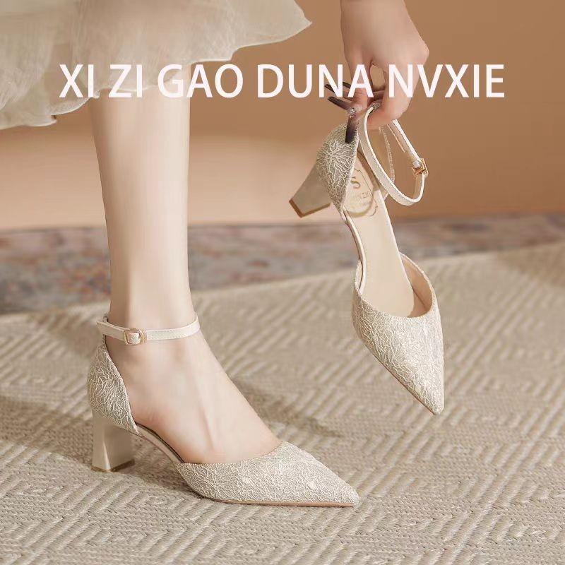 Pointed high heels women's thick heels hollow bag head one-word belt single shoes women's comfortable versatile sandals women