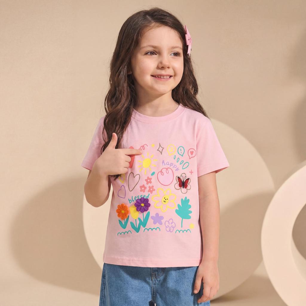 2026 Summer Girls' Floral Print Short-Sleeve T-Shirt - European & American Fashion, Round Neck Children's Clothing