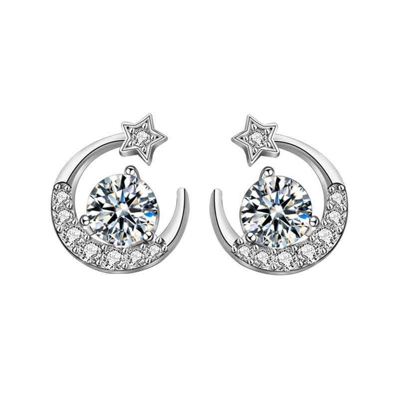 S925 Sterling Silver Moissanite Star & Moon Stud Earrings - Delicate Summer Ear Accessories