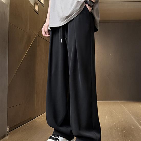 Men Pants Drawstring Waist Casual Trousers Solid Color Regular Style Long Pants with Reinforced Pockets Daily Wear