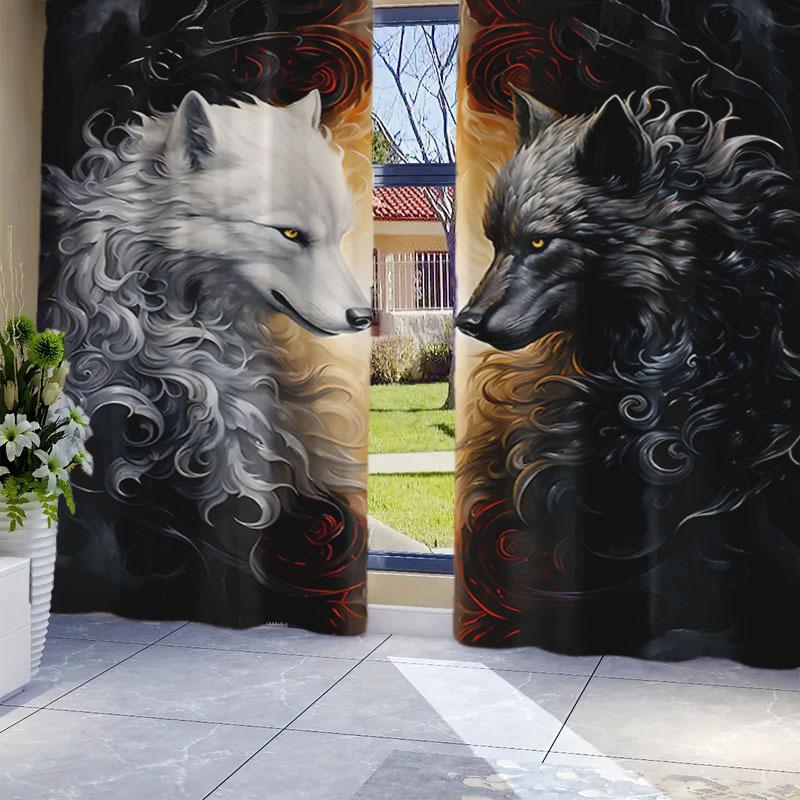 2PC Black & White Wolf Print Curtains - Polyester Rod Pocket Drapes for Living Room, Bedroom & Study, Home & Party Decor