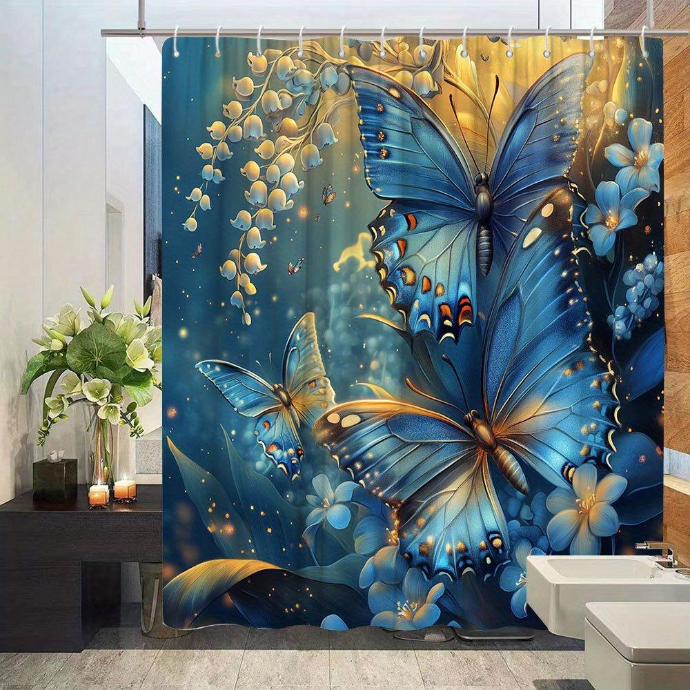 Butterfly Theme Shower Curtain - Oil Painting Style, Floral Pattern, Polyester Bathroom Decor, Bathtub Partition, 12 Hooks