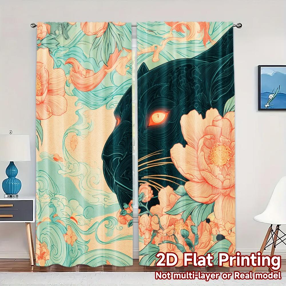 

2D FLAT PRINTING 2pcs Curtains (Without Rod) Floral Panther Design Women is Day Festival Creative Curtains Versatile Fabric 100*130 HOOK 1pcs