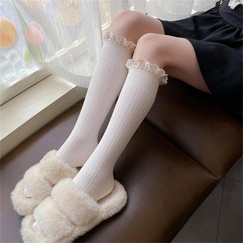 Women Winter Fall Vertical Striped Ribbed Knit Long Socks Japanese JK Sweet Frilly Ruffle Lace Trim Knee High Stockings