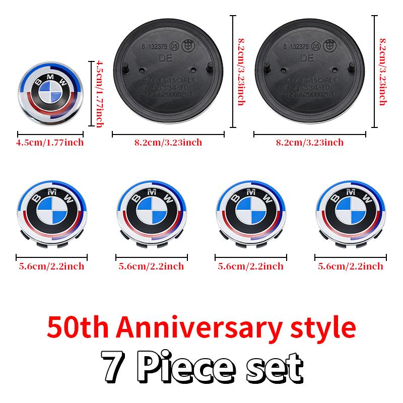 DJSA5 Hood Trunk Wheel Steering Badge 7Pcs Emblem Set For BMW E46 E90 F10 F30 G20 X5 82mm 74mm 68mm 56mm 45mm 50th Anniversary Car