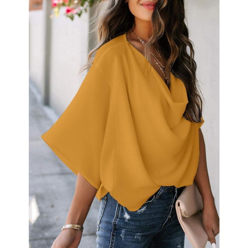 Women's New Spring and Summer Chiffon V-neck Bat Sleeve Casual Loose Solid Color Top