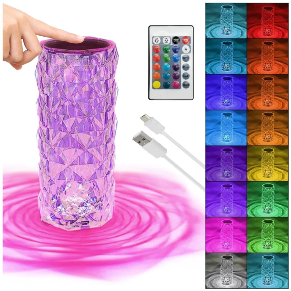 LED crystal touch night lamp for desk, diamond, rose colored, remote control