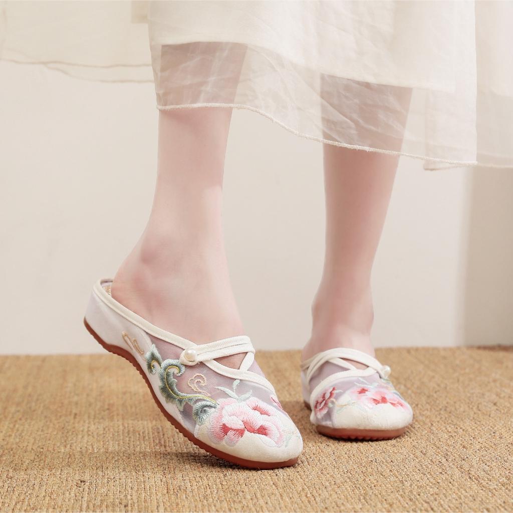 [Huarou] 2024 Summer New Products Old Beijing Embroidered Shoes Antique Embroidered Low-heeled Women's Shoes Breathable Mesh Shoes Women