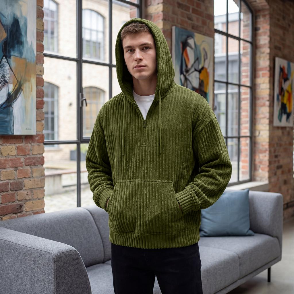 Men's Vintage Corduroy Half Zip Hoodie with Large Pockets
