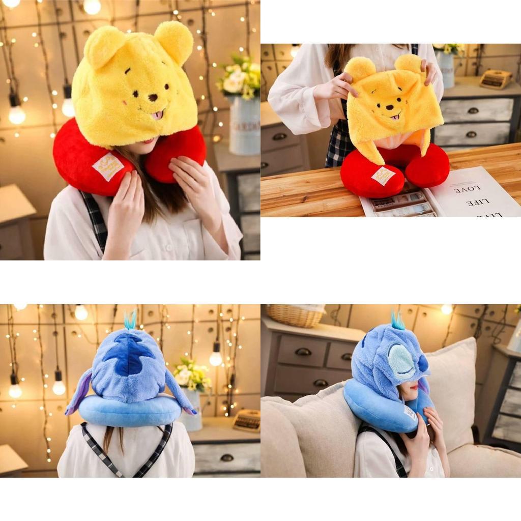 Soft Polyester Fiber Car Neck Pillow Travel Hooded Neck Cushion Cute U-shaped Plush Toy For Adults Yellow Winnie The Pooh Blue Stitch