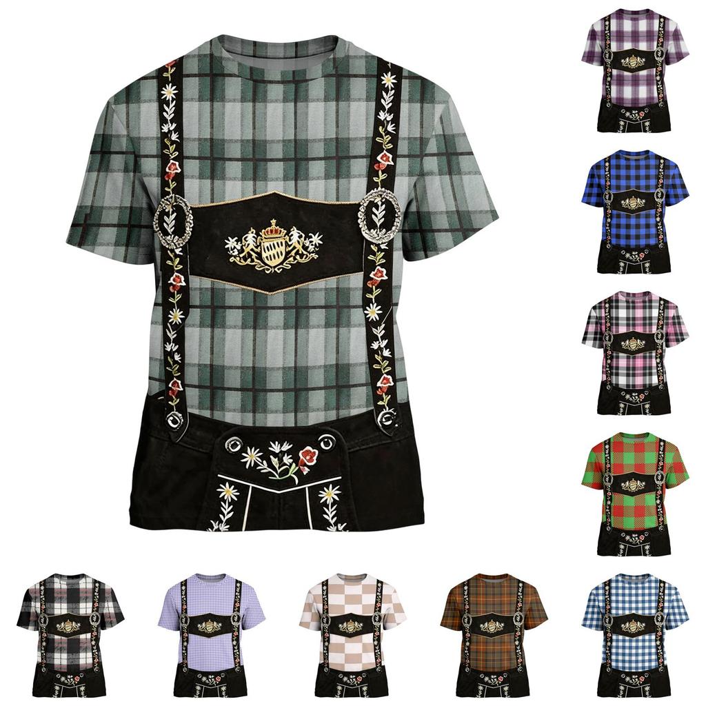 Men's Vintage Pattern Short Sleeve T Shirt Loose Fit Casual Summer Top with Classic Plaid and Retro Print Design for Daily Wear
