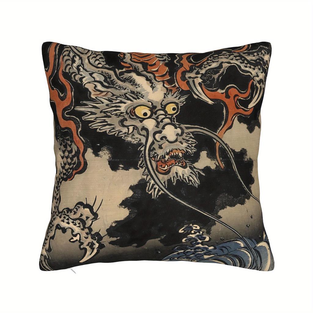 PC Utagawa Kuniyoshi Dragon Wave Pattern Decorative Pillow Cover Perfect for Sofa Cushion (Pillow Insert Not Included)