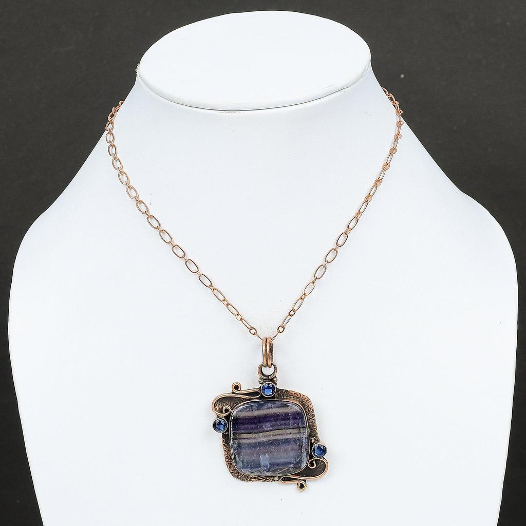 Multi Fluorit Anhänger Tansanit Quarz Anhänger Kupferanhänger Handgefertigter Schmuck Edelsteinanhänger Designer Kupferschmuck Oxidierter Anhänger