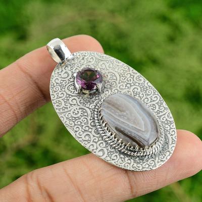 Sterling Silver Natural Botswana Agate African Amethyst Trendy Pendant Jewelry