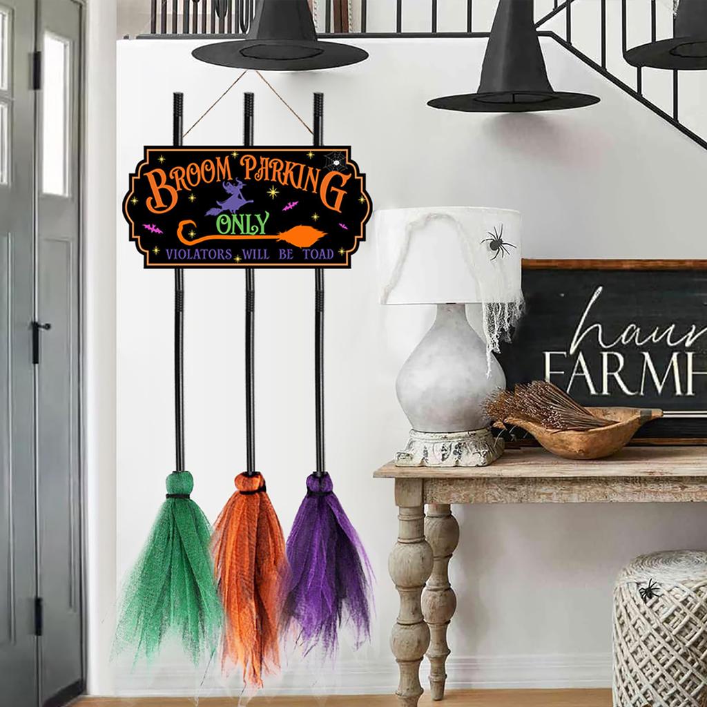 Broom Parking Sign 35.4 IN Wooden Witches Brooms Cute Witches Decoration Sign Spooky Holiday Witch Sign for Front Porch