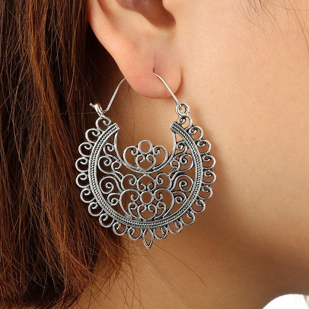 Women Antique Gypsy Tribal Dangle Drop Hollow Out Floral Hoop Earring Flower Ear Studs