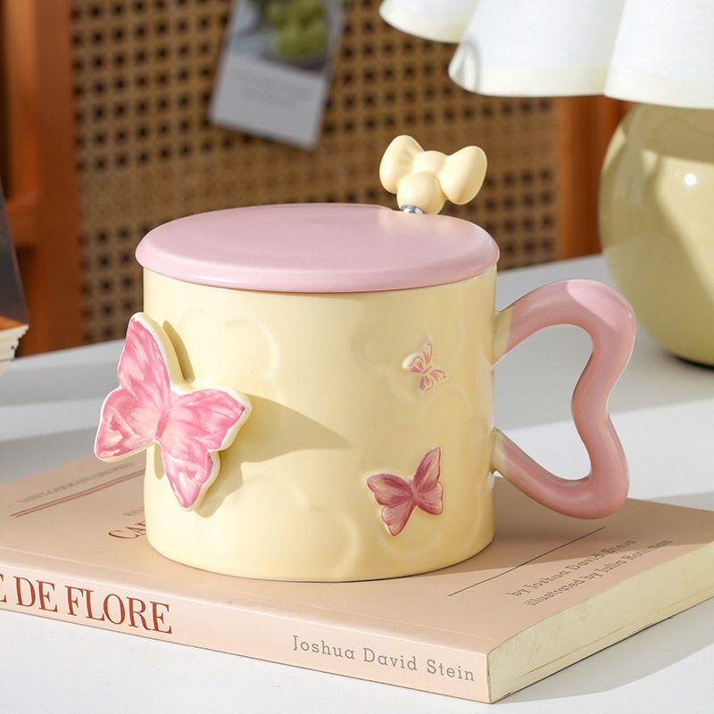 Embossed Butterfly High Looking Office Souvenir Ceramic Cup with Lid Mug  Couple Water Cup