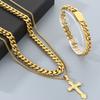 Herren Doppelschicht Kreuz Anhänger Halskette für Herren Goldfarbe Edelstahl Kubanische Gliederkette Halsketten Armbänder Schmuckset