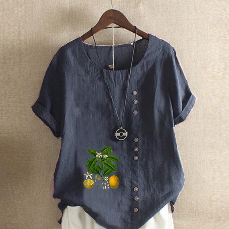Women's Fashion Lemon Leaves Prined Round Neck Short Sleeve T-shirt Casual Cotton Linen Graphic Shirt Leisure Loose Summer Blouse Tops
