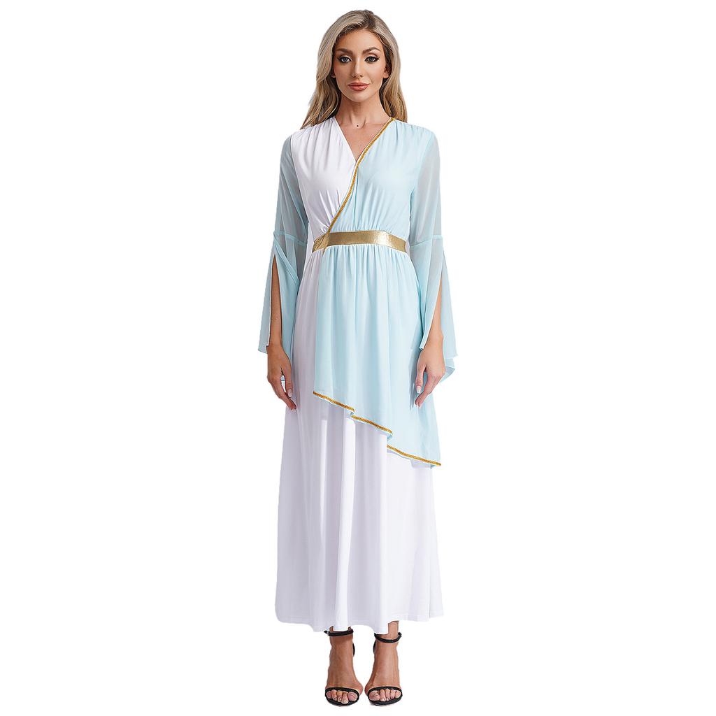 Womens Greek Costume Roman Queen Princess Ancient Toga Gown V Neck Long Sleeve Contrast Fancy Dress