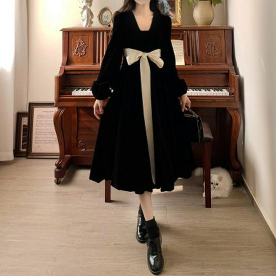 Official Photo: French Velvet Large Tie Bow Dress with Lining & Zipper - Slim & Long