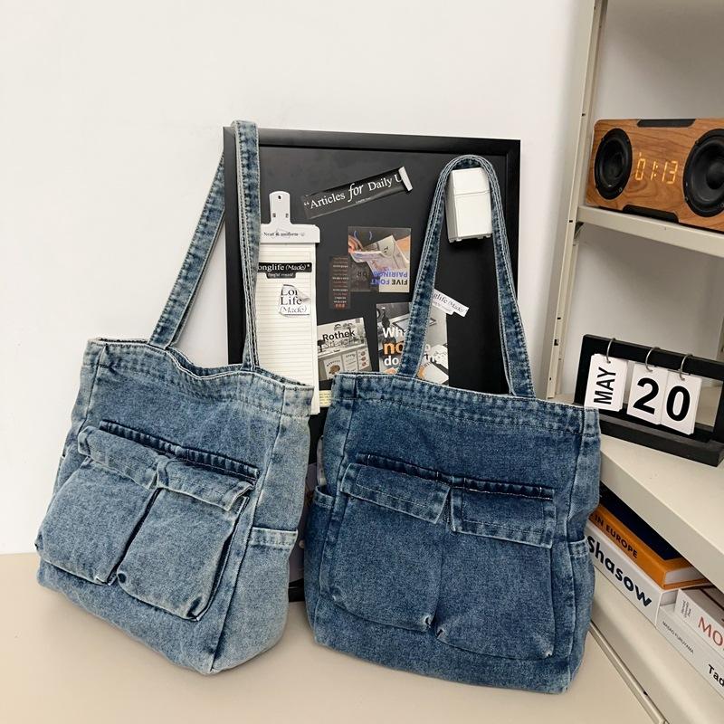Casual Washed Denim Shoulder Bag, Fashiable Hg Kg Style, Large Capacity Student Backpack for Class, Commuting Tote Bag