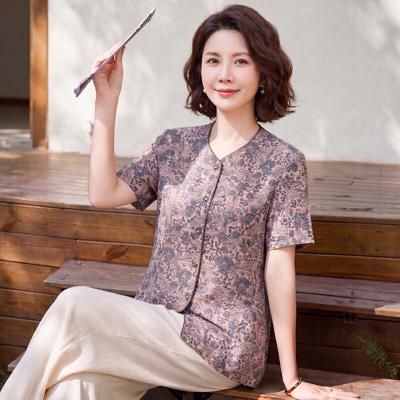 Women s Floral Chinese Style Short Sleeve Tang Suit Shirt XXXL