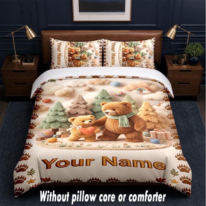 Teddy Bear Theme Custom Text Or Name 3Pcs Bedding Set,1 Flat Sheet & 2 Pillowcases Personalized Home Bedding