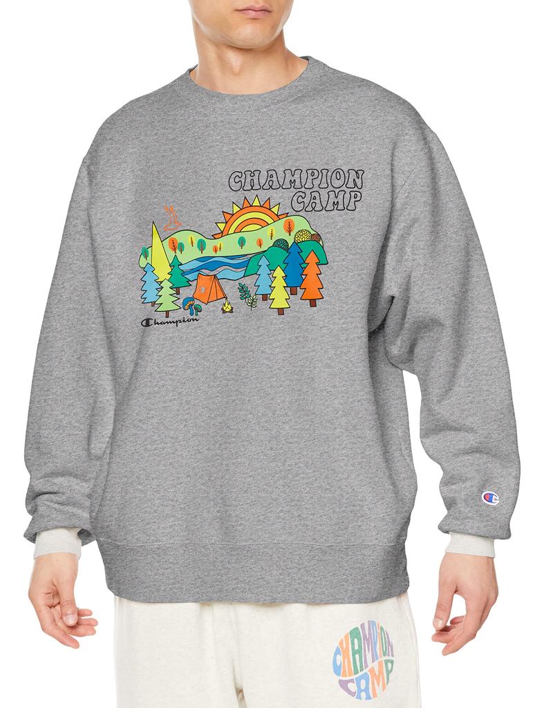 Champion Long Sleeve Crew Neck Brushed USA Camp Motif Graphic Relaxed Oxford Size XL Men's Sweatshirt, Cotton, Fleece, Print, Fit, Oversized, Gray,