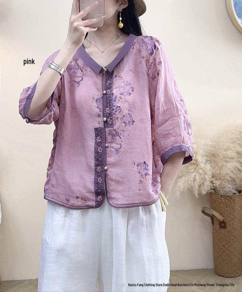 2026 Women's Retro Chinese Style Ramie Cardigan, Summer Embroidered Top, Three-Quarter Sleeve, Small Lapel Inner Shirt