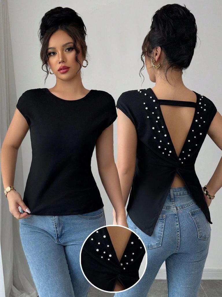 European-American Fashion Women's Solid Color Slim Fit Round Neck Short Sleeve Bodycon T-shirt