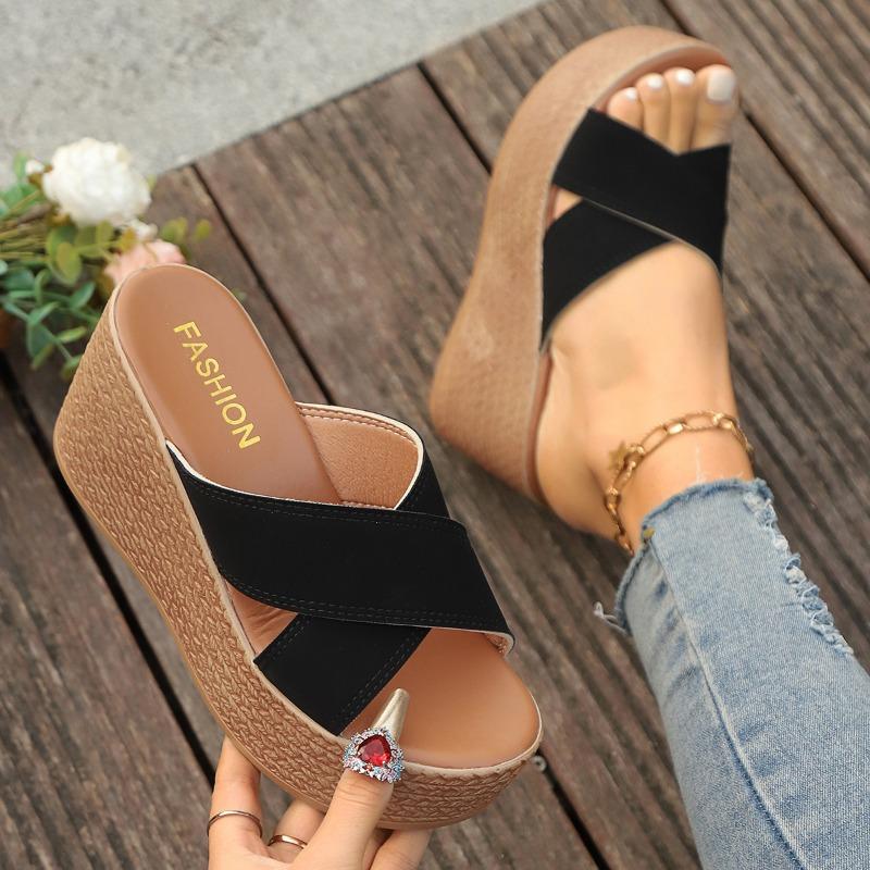 Summer Crossed Wedge Heel Slippers Women's Muffin Large Size Casual Thick Bottom Cool Slippers 34-43