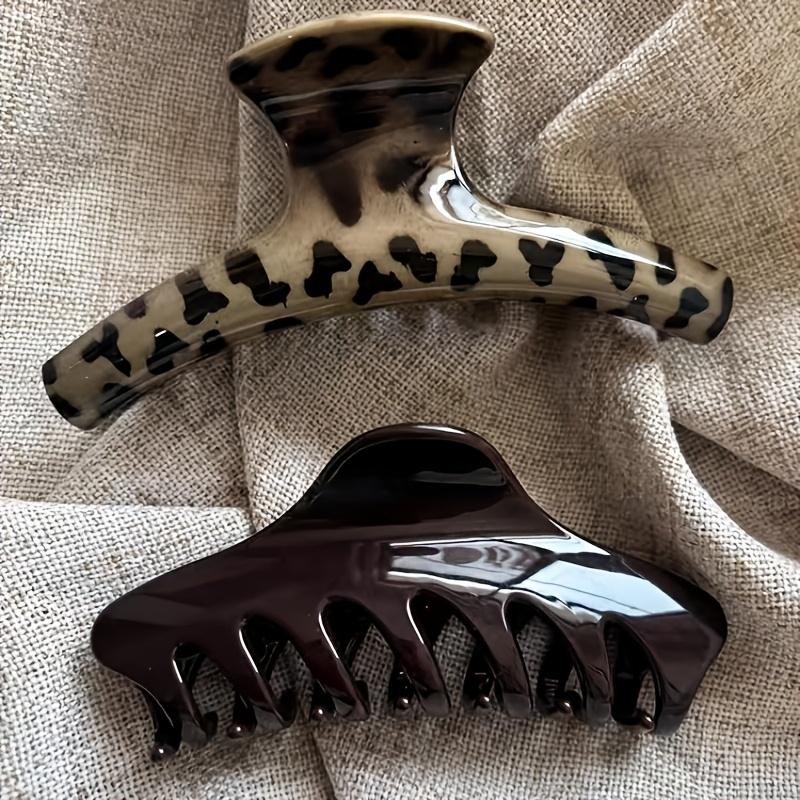 2PCS Leopard Print Solid Dark Brown Large Hair Claw Clip, Glossy Acetate Shark Clip, Vintage French Ponytail Hair Accessory For