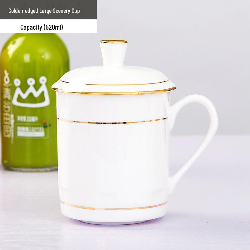 Gold Painted Jingdezhen Ceramic Cup with Lid - High Temp Bone China Tea Cup for Business Meetings and Home