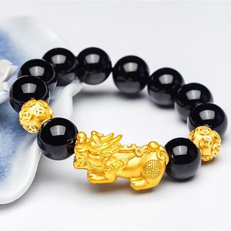 

Gold-Plated Obsidian Pixiu Bracelet: Men s Buddhist Money Beads, High-End DIY Beaded Accessory. 8mm